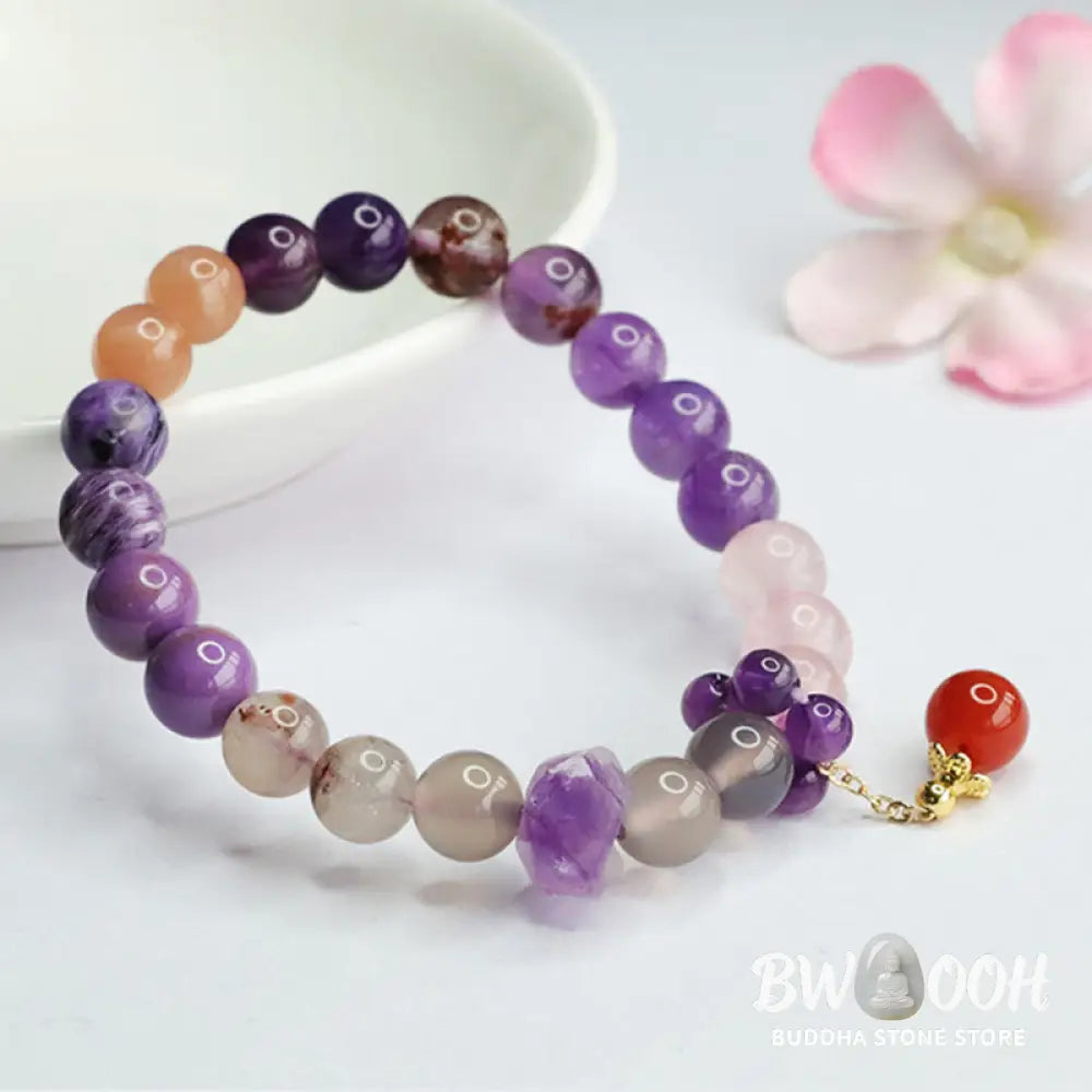 Buddha Stones Natural Amethyst Crystal Inner Peace Healing Bead Charm Bracelet - BWOOOH - Amethyst(Inner