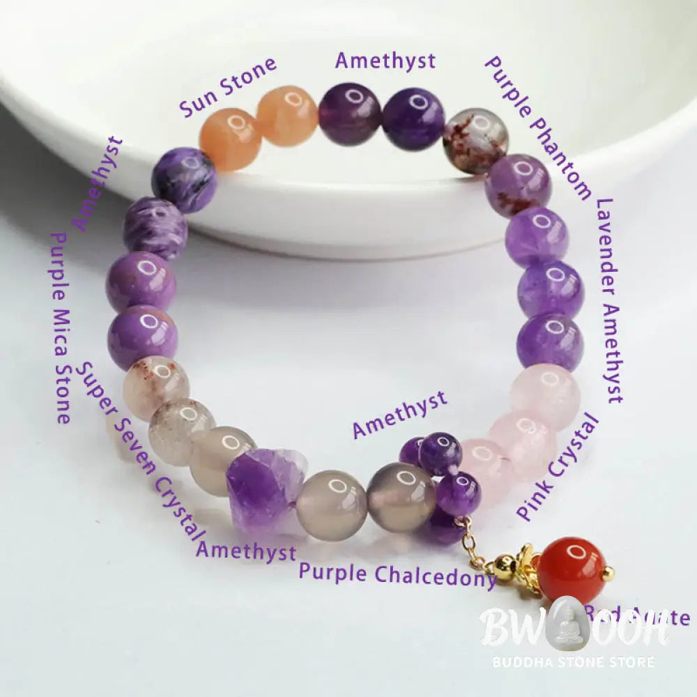 Buddha Stones Natural Amethyst Crystal Inner Peace Healing Bead Charm Bracelet - BWOOOH - Amethyst(Inner