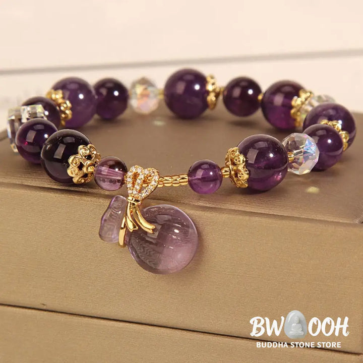 Buddha Stones Natural Amethyst Crystal Money Bag Charm Positive Bracelet - Bracelet