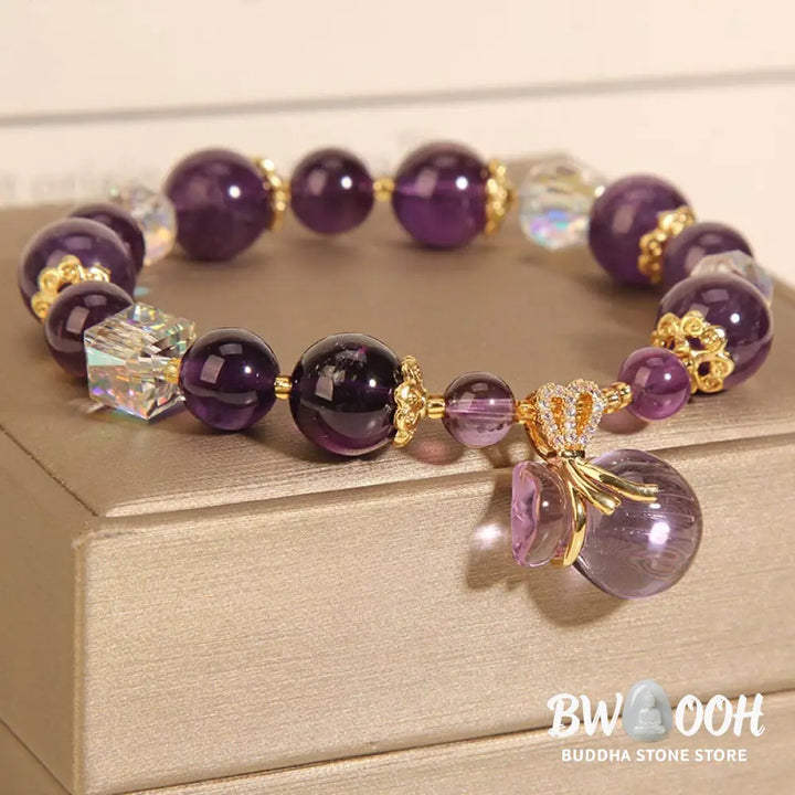 Buddha Stones Natural Amethyst Crystal Money Bag Charm Positive Bracelet - Bracelet