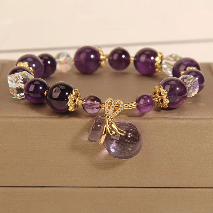 Buddha Stones Natural Amethyst Crystal Money Bag Charm Positive Bracelet - Amethyst Crystal Money Bag - Bracelet