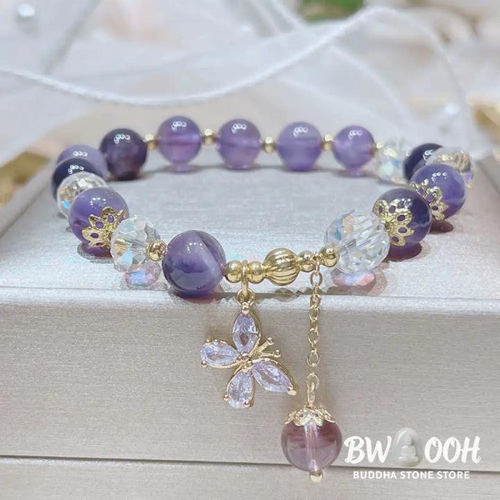 Buddha Stones Natural Amethyst Crystal Spiritual Butterfly Charm Bracelet - BWOOOH - Amethyst (Spiritual Awareness ♥
