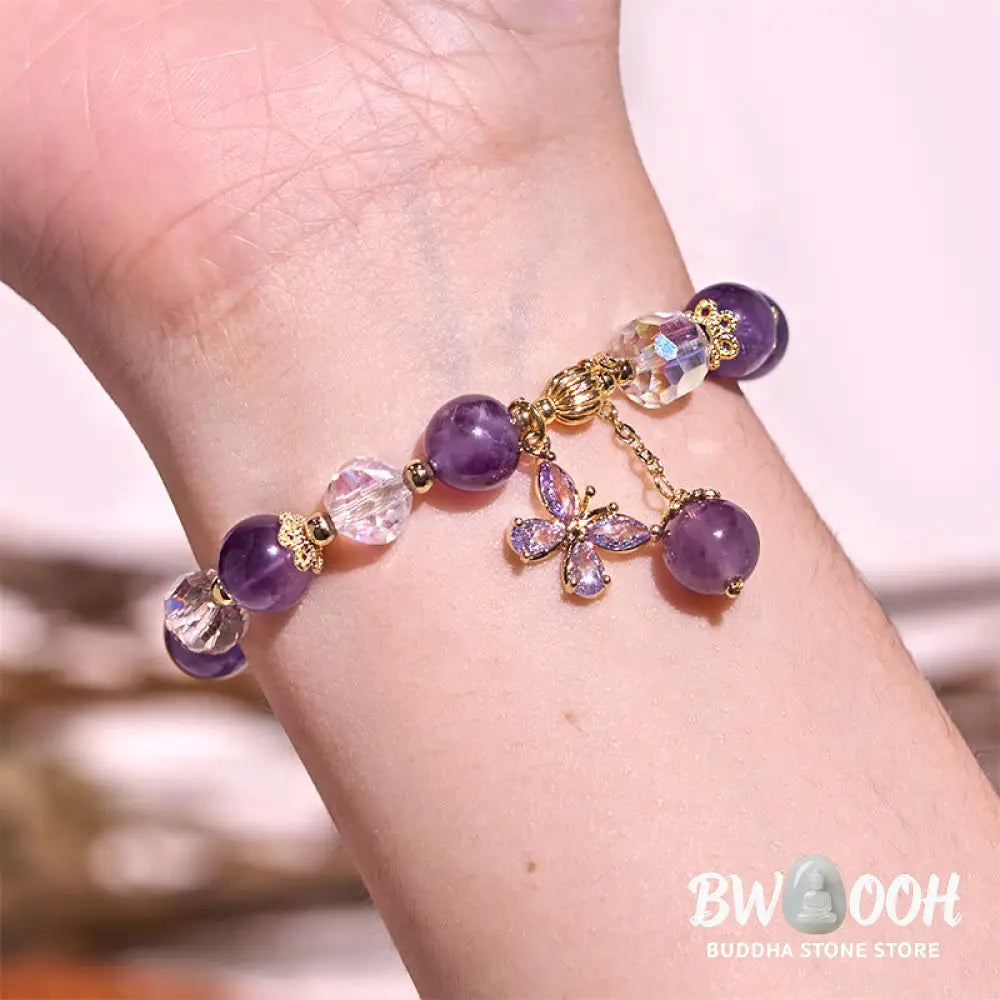 Buddha Stones Natural Amethyst Crystal Spiritual Butterfly Charm Bracelet - BWOOOH - Amethyst (Spiritual Awareness ♥