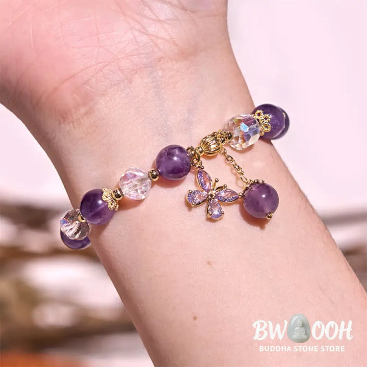 Buddha Stones Natural Amethyst Crystal Spiritual Butterfly Charm Bracelet - BWOOOH - Amethyst (Spiritual Awareness ♥