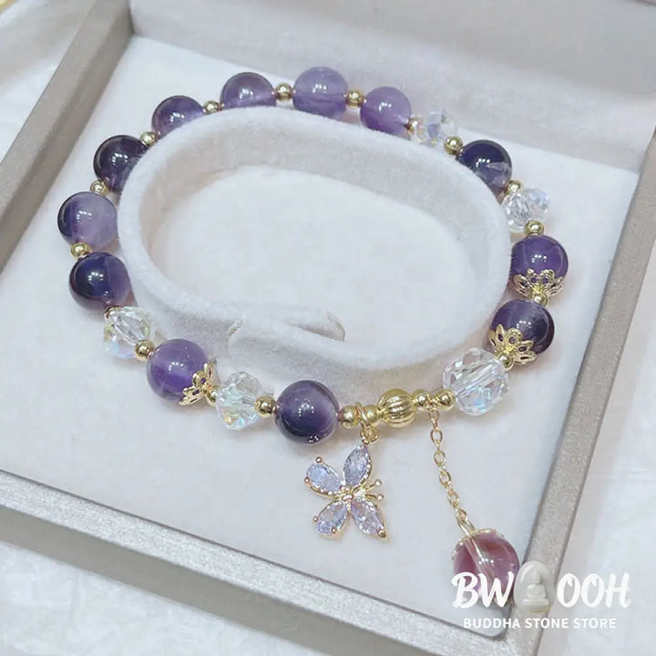Buddha Stones Natural Amethyst Crystal Spiritual Butterfly Charm Bracelet - BWOOOH - Amethyst (Spiritual Awareness ♥