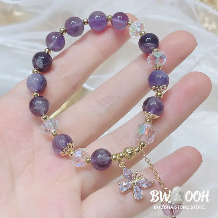 Buddha Stones Natural Amethyst Crystal Spiritual Butterfly Charm Bracelet - BWOOOH - Amethyst (Spiritual Awareness ♥