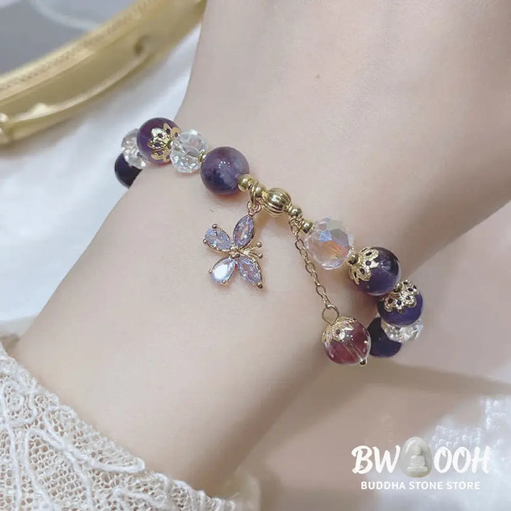 Buddha Stones Natural Amethyst Crystal Spiritual Butterfly Charm Bracelet - BWOOOH - Amethyst (Spiritual Awareness ♥