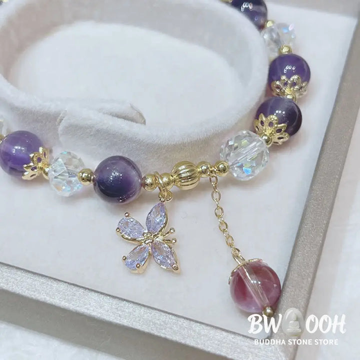 Buddha Stones Natural Amethyst Crystal Spiritual Butterfly Charm Bracelet - BWOOOH - Amethyst (Spiritual Awareness ♥