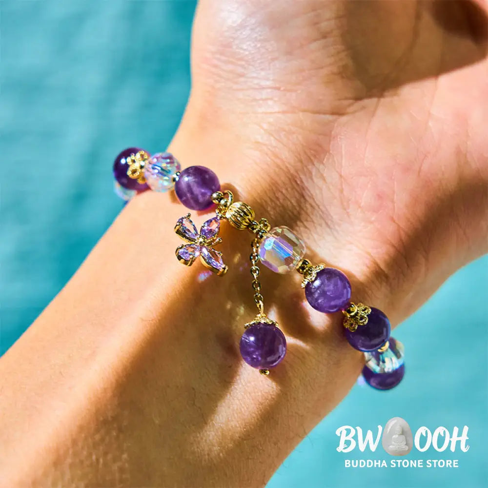 Buddha Stones Natural Amethyst Crystal Spiritual Butterfly Charm Bracelet - BWOOOH - Amethyst (Spiritual Awareness ♥