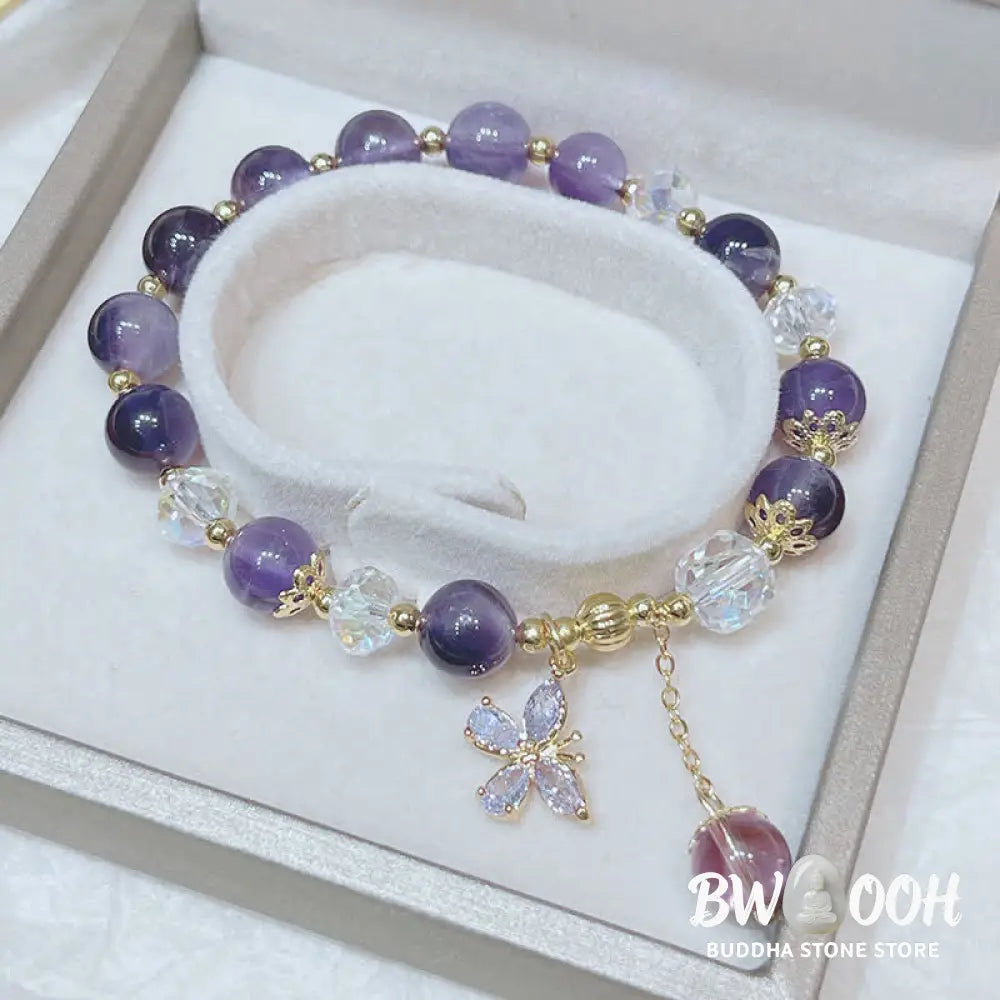 Buddha Stones Natural Amethyst Crystal Spiritual Butterfly Charm Bracelet - BWOOOH - Amethyst (Spiritual Awareness ♥
