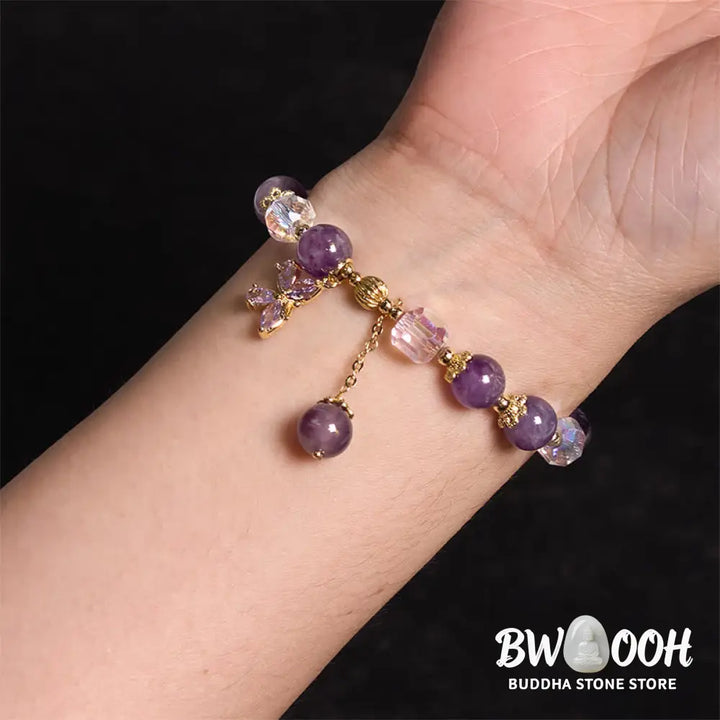 Buddha Stones Natural Amethyst Crystal Spiritual Butterfly Charm Bracelet - BWOOOH - Amethyst (Spiritual Awareness ♥