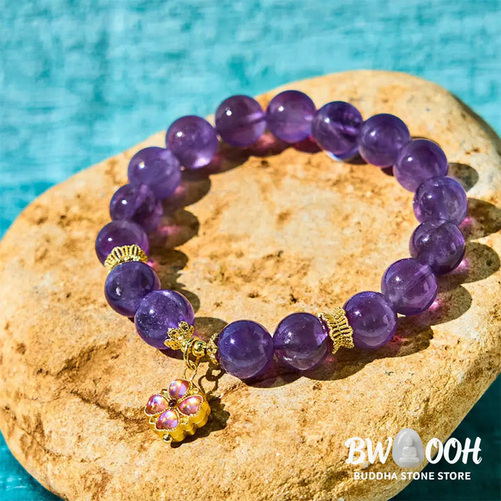 Buddha Stones Natural Amethyst Four Leaf Clover Charm Communication Bracelet - BWOOOH - Amethyst(Wrist Circumference: