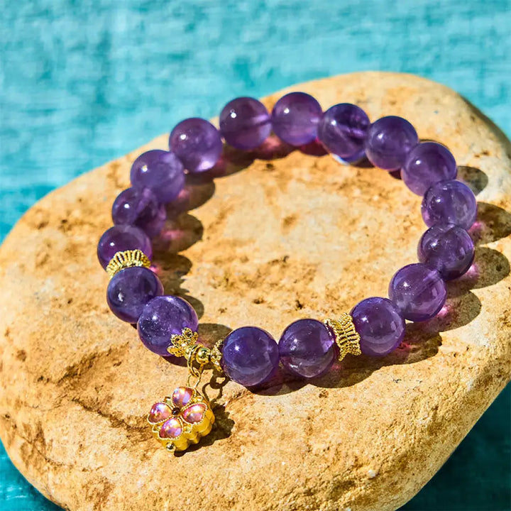 BWOOOH Natural Amethyst Four Leaf Clover Charm Communication Bracelet — Amethyst crystal healing bracelet for spiritual he...