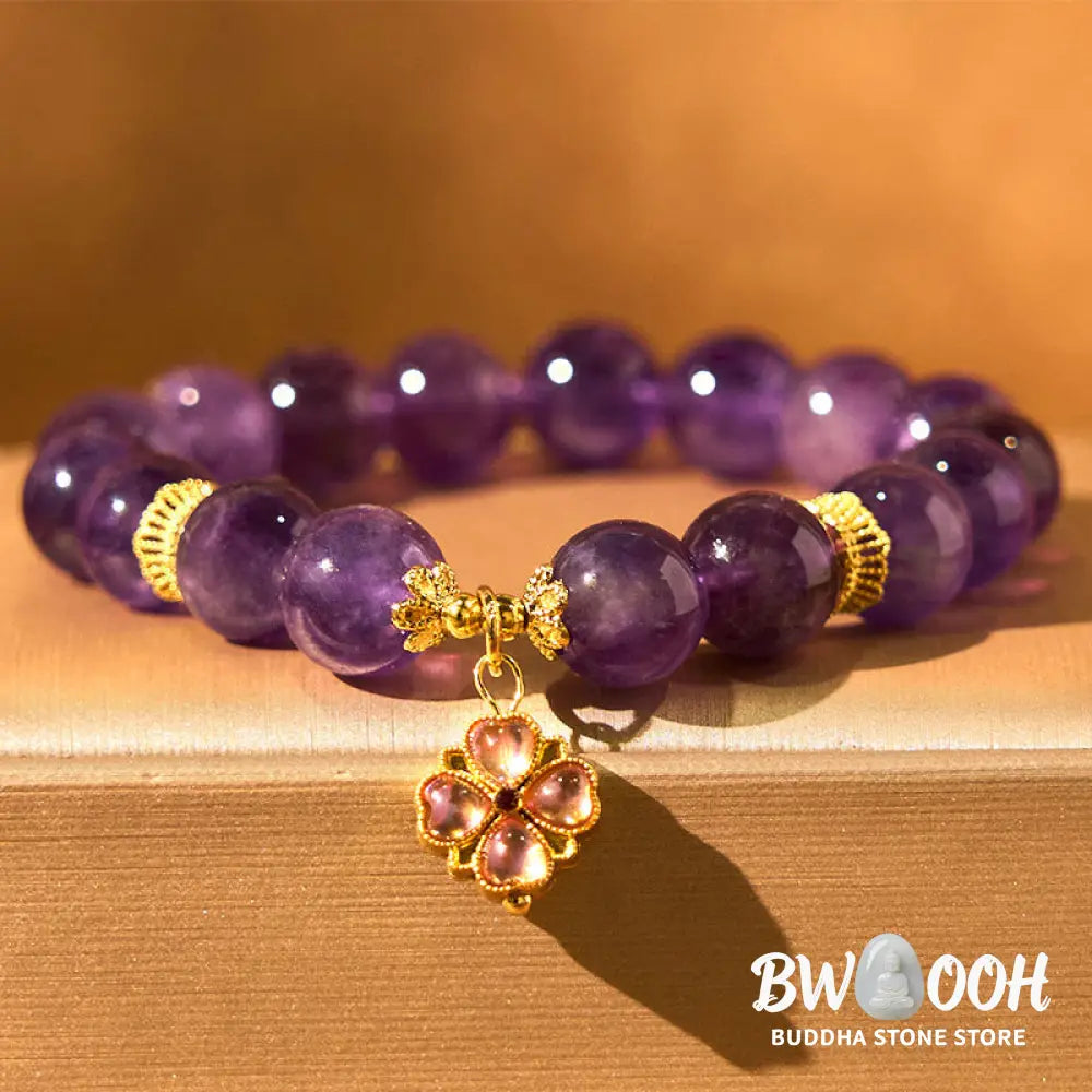Buddha Stones Natural Amethyst Four Leaf Clover Charm Communication Bracelet - BWOOOH - Amethyst(Wrist Circumference:
