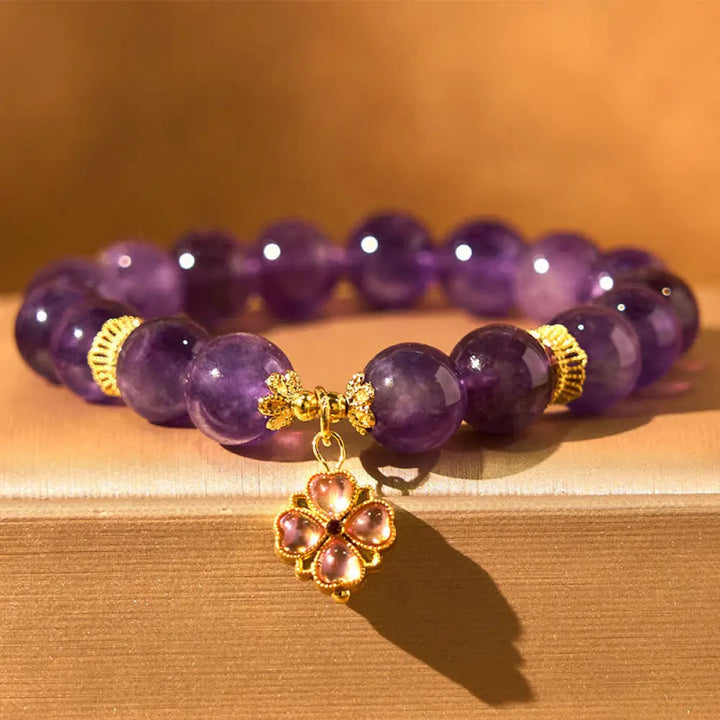 BWOOOH Natural Amethyst Four Leaf Clover Charm Communication Bracelet — Amethyst crystal healing bracelet for spiritual he...