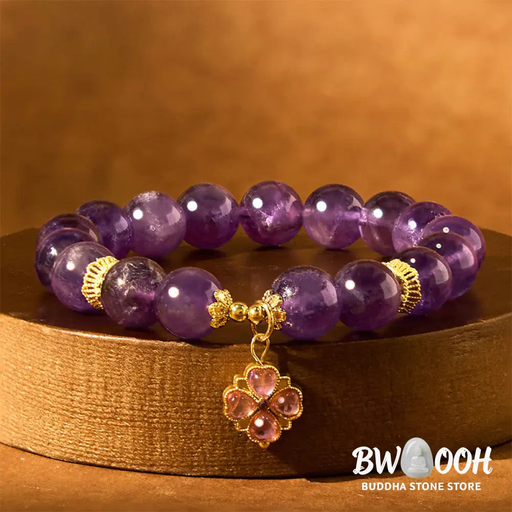 Buddha Stones Natural Amethyst Four Leaf Clover Charm Communication Bracelet - BWOOOH - Amethyst(Wrist Circumference: