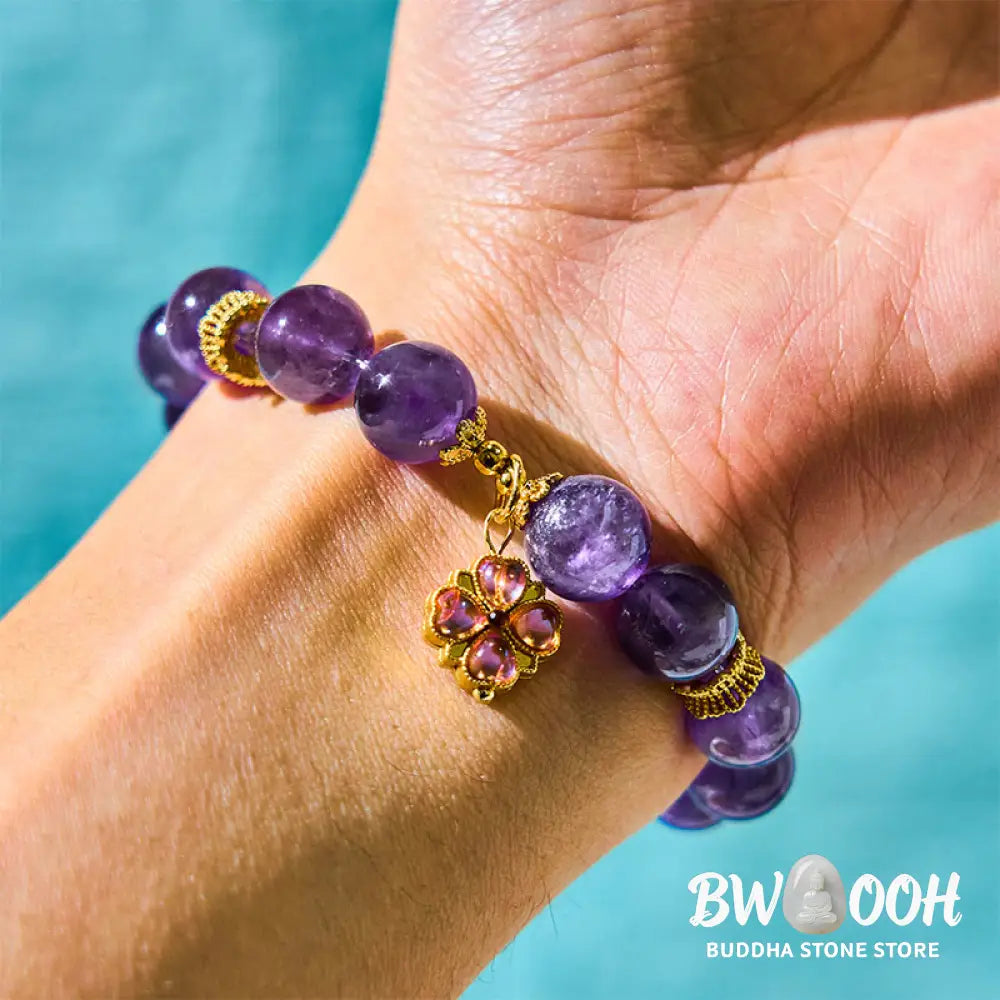 Buddha Stones Natural Amethyst Four Leaf Clover Charm Communication Bracelet - BWOOOH - Amethyst(Wrist Circumference: