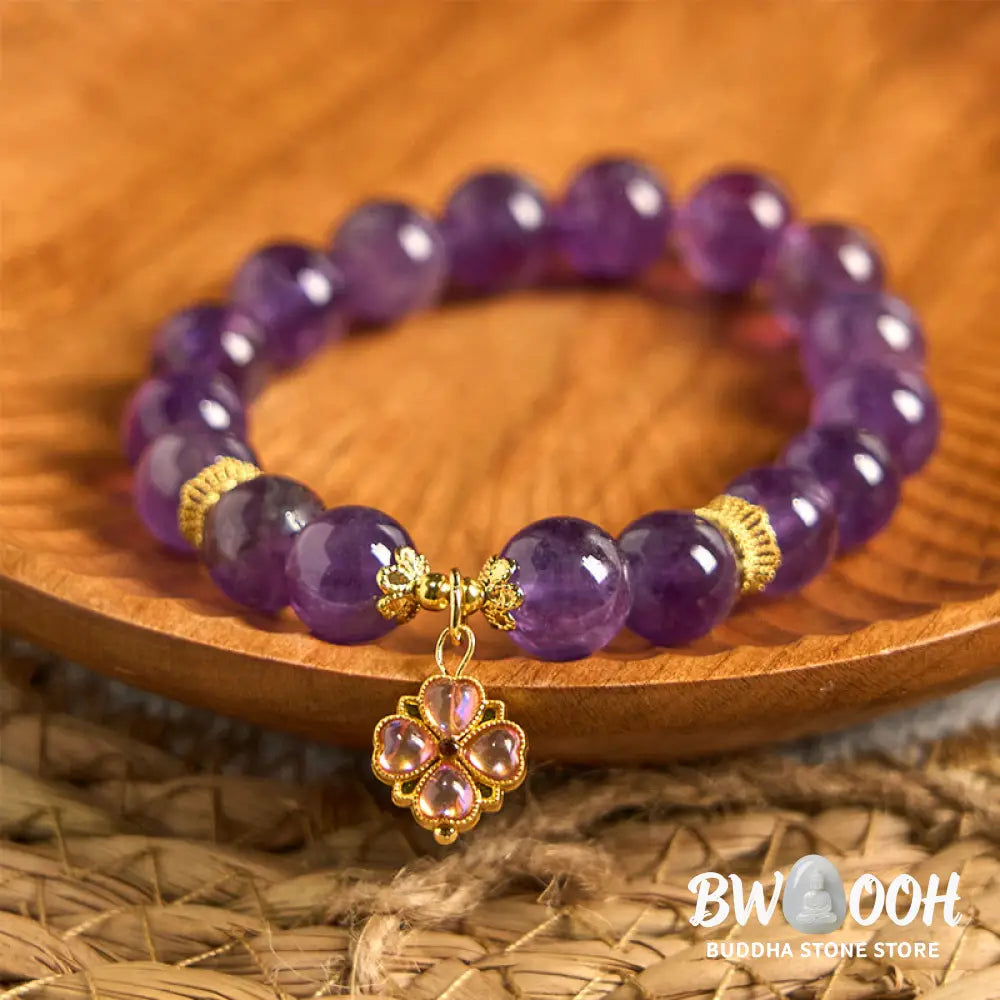 Buddha Stones Natural Amethyst Four Leaf Clover Charm Communication Bracelet - BWOOOH - Amethyst(Wrist Circumference: