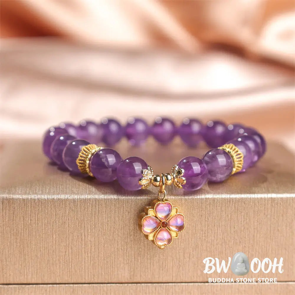 Buddha Stones Natural Amethyst Four Leaf Clover Charm Communication Bracelet - BWOOOH - Amethyst(Wrist Circumference: