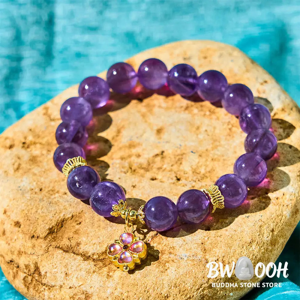 Buddha Stones Natural Amethyst Four Leaf Clover Charm Communication Bracelet - BWOOOH - Amethyst(Wrist Circumference: