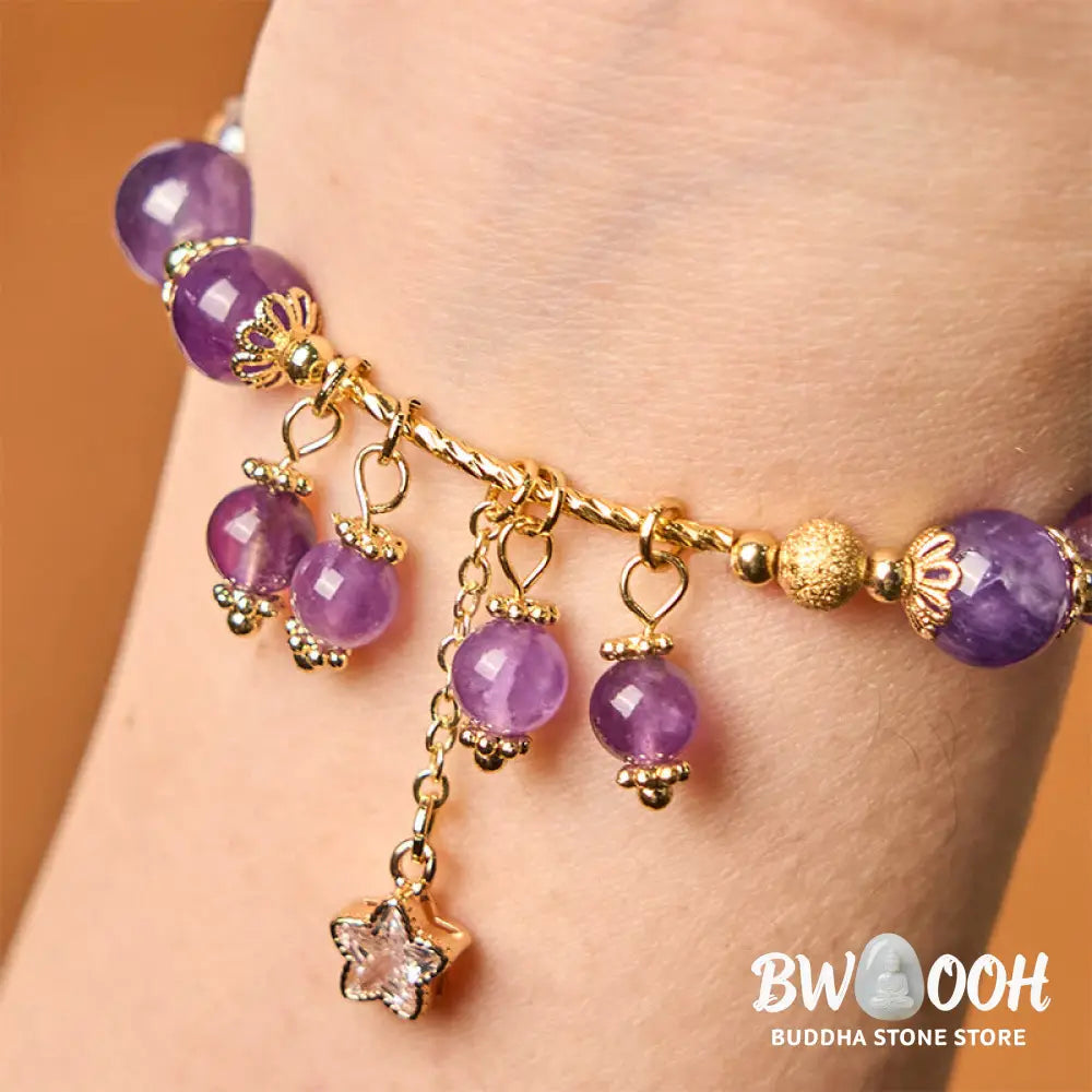 Buddha Stones Natural Amethyst Four Leaf Clover Star Peace Bracelet - BWOOOH - Amethyst(Wrist Circumference: 14-18cm)
