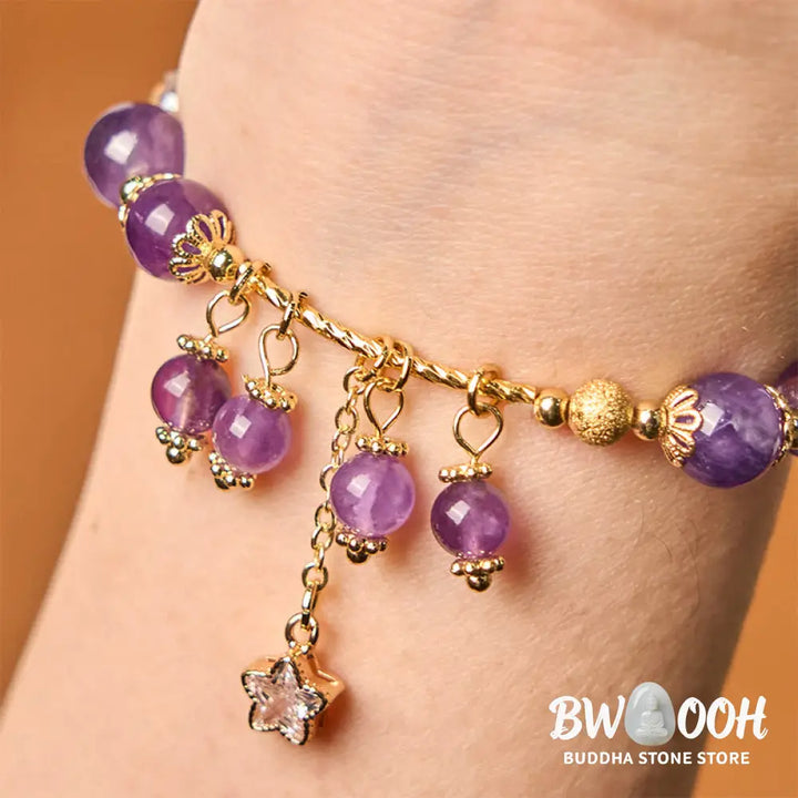 Buddha Stones Natural Amethyst Four Leaf Clover Star Peace Bracelet - BWOOOH - Amethyst(Wrist Circumference: 14-18cm)
