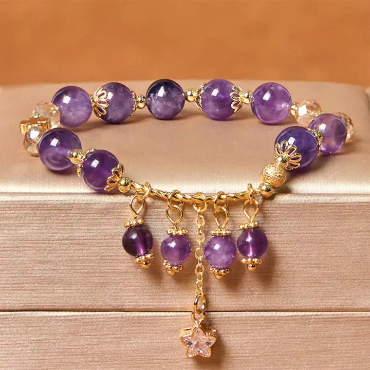 BWOOOH Natural Amethyst Four Leaf Clover Star Peace Bracelet — Amethyst crystal healing bracelet for spiritual healing and...