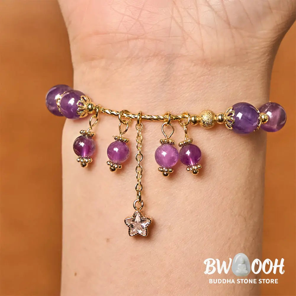 Buddha Stones Natural Amethyst Four Leaf Clover Star Peace Bracelet - BWOOOH - Amethyst(Wrist Circumference: 14-18cm)