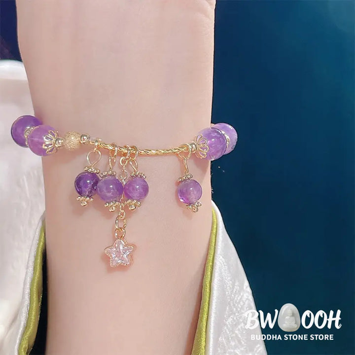 Buddha Stones Natural Amethyst Four Leaf Clover Star Peace Bracelet - BWOOOH - Amethyst(Wrist Circumference: 14-18cm)
