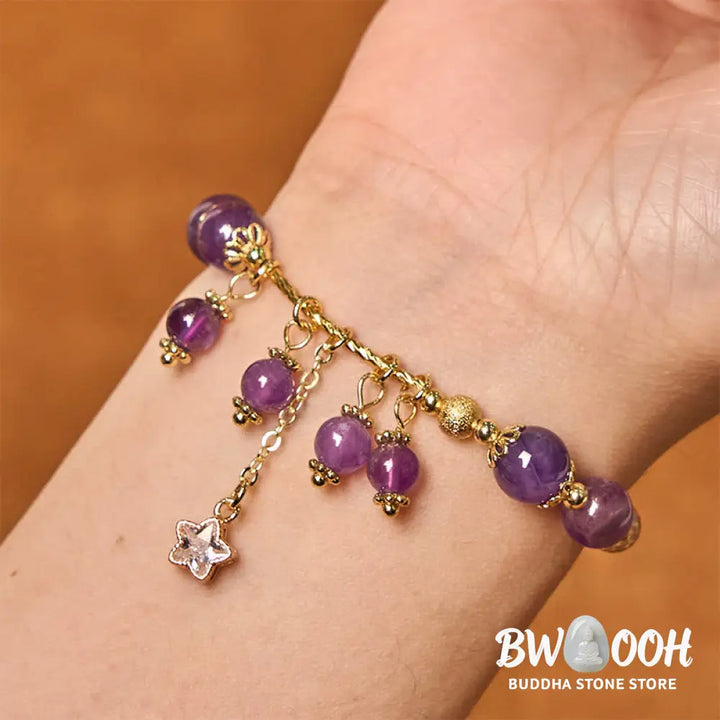 Buddha Stones Natural Amethyst Four Leaf Clover Star Peace Bracelet - BWOOOH - Amethyst(Wrist Circumference: 14-18cm)