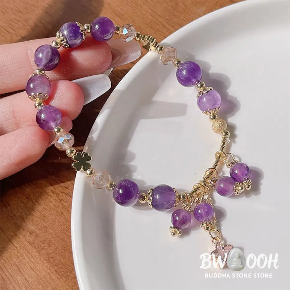 Buddha Stones Natural Amethyst Four Leaf Clover Star Peace Bracelet - BWOOOH - Amethyst(Wrist Circumference: 14-18cm)