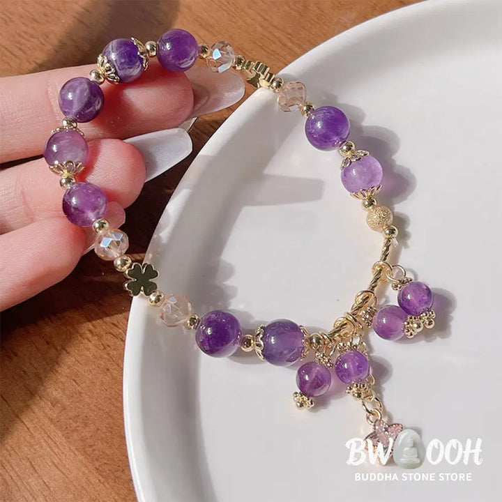 Buddha Stones Natural Amethyst Four Leaf Clover Star Peace Bracelet - BWOOOH - Amethyst(Wrist Circumference: 14-18cm)