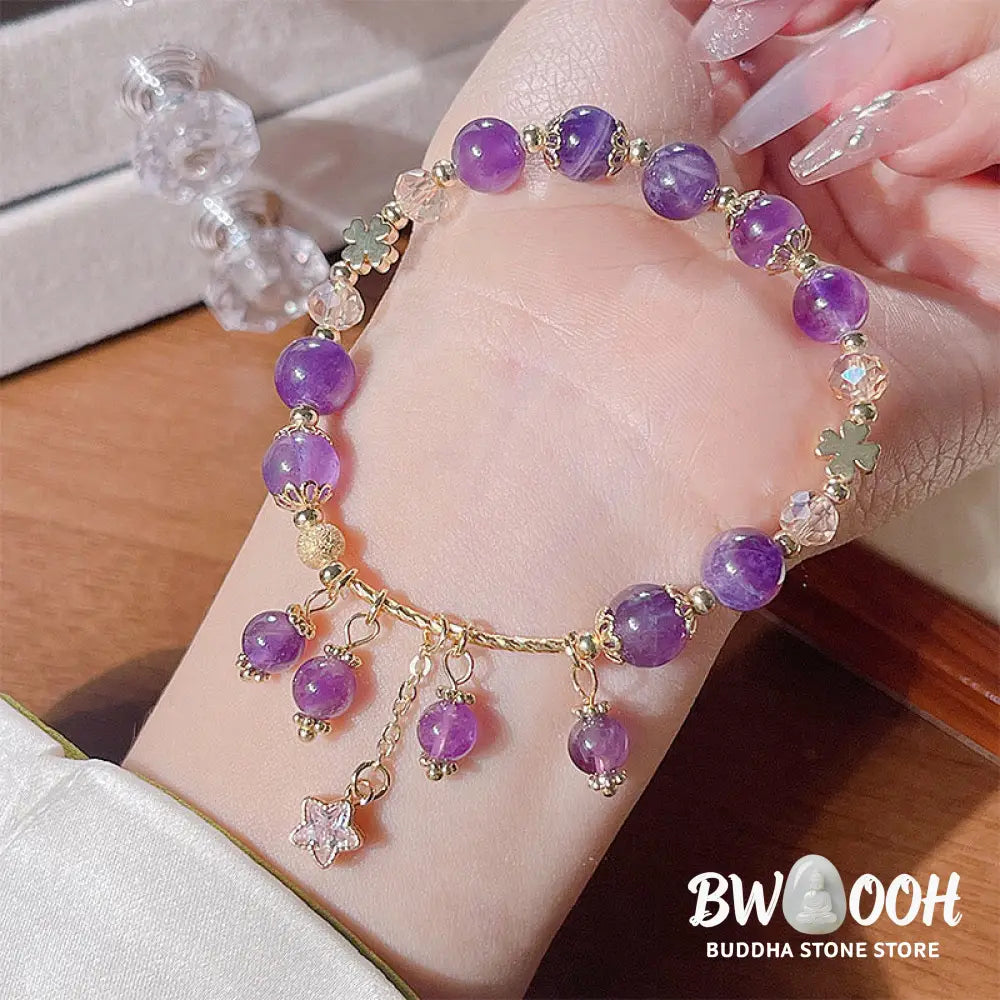 Buddha Stones Natural Amethyst Four Leaf Clover Star Peace Bracelet - BWOOOH - Amethyst(Wrist Circumference: 14-18cm)