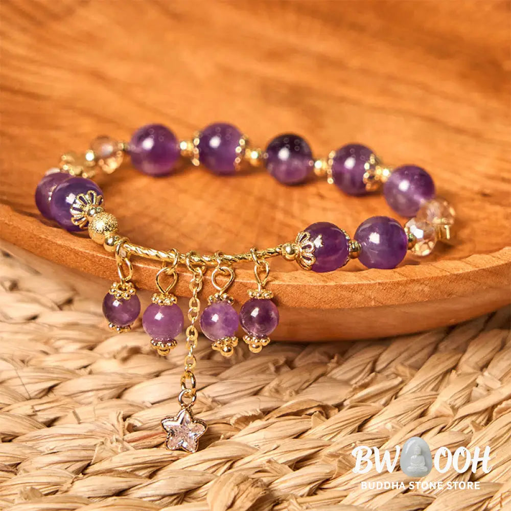 Buddha Stones Natural Amethyst Four Leaf Clover Star Peace Bracelet - BWOOOH - Amethyst(Wrist Circumference: 14-18cm)