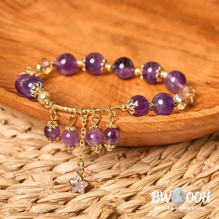 Buddha Stones Natural Amethyst Four Leaf Clover Star Peace Bracelet - BWOOOH - Amethyst(Wrist Circumference: 14-18cm)