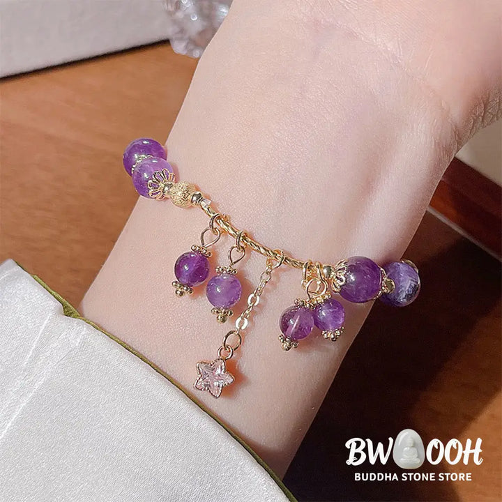 Buddha Stones Natural Amethyst Four Leaf Clover Star Peace Bracelet - BWOOOH - Amethyst(Wrist Circumference: 14-18cm)
