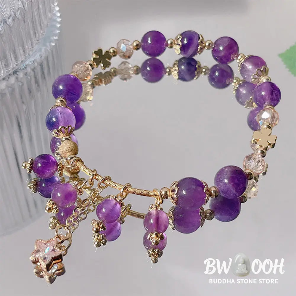 Buddha Stones Natural Amethyst Four Leaf Clover Star Peace Bracelet - BWOOOH - Amethyst(Wrist Circumference: 14-18cm)