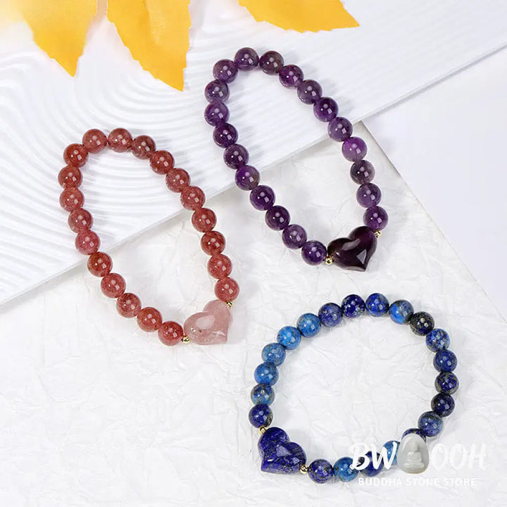 Buddha Stones Natural Amethyst Green Aventurine Tiger Eye Strawberry Quartz Love Heart Spiritual Bracelet - Bracelet