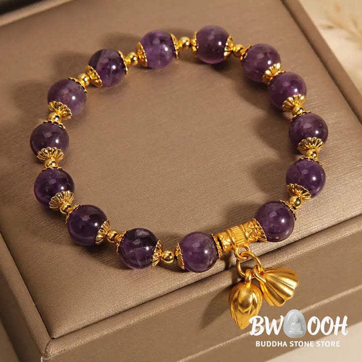 Buddha Stones Natural Amethyst Lotus Healing Spiritual Bracelet - BWOOOH - Amethyst(Wrist Circumference 14-16cm)