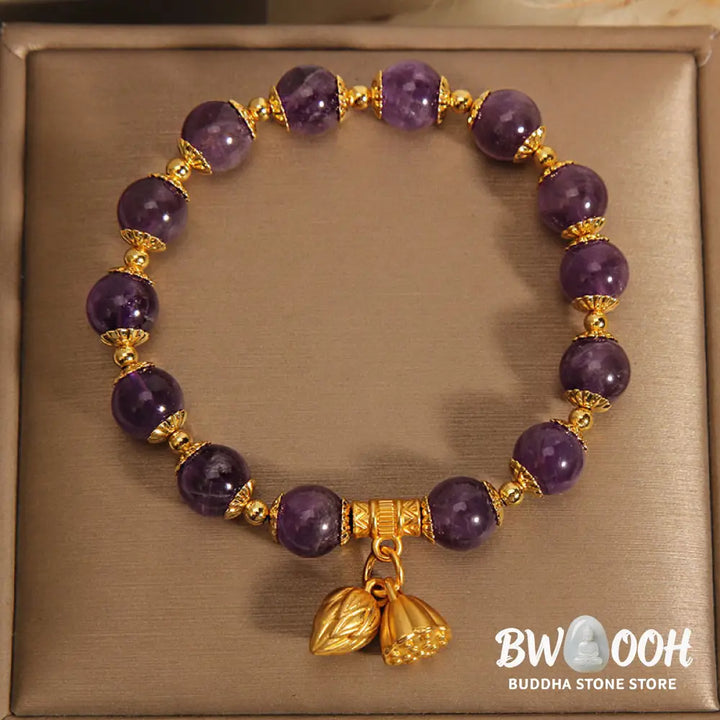 Buddha Stones Natural Amethyst Lotus Healing Spiritual Bracelet - BWOOOH - Amethyst(Wrist Circumference 14-16cm)