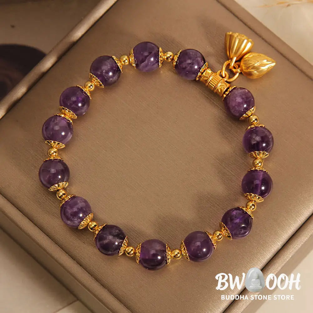 Buddha Stones Natural Amethyst Lotus Healing Spiritual Bracelet - BWOOOH - Amethyst(Wrist Circumference 14-16cm)