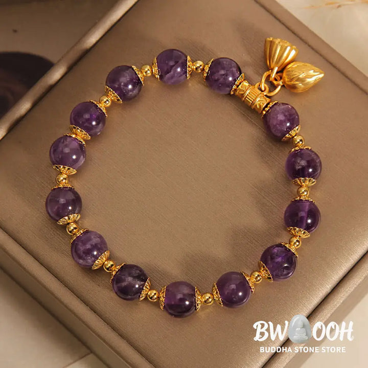 Buddha Stones Natural Amethyst Lotus Healing Spiritual Bracelet - BWOOOH - Amethyst(Wrist Circumference 14-16cm)
