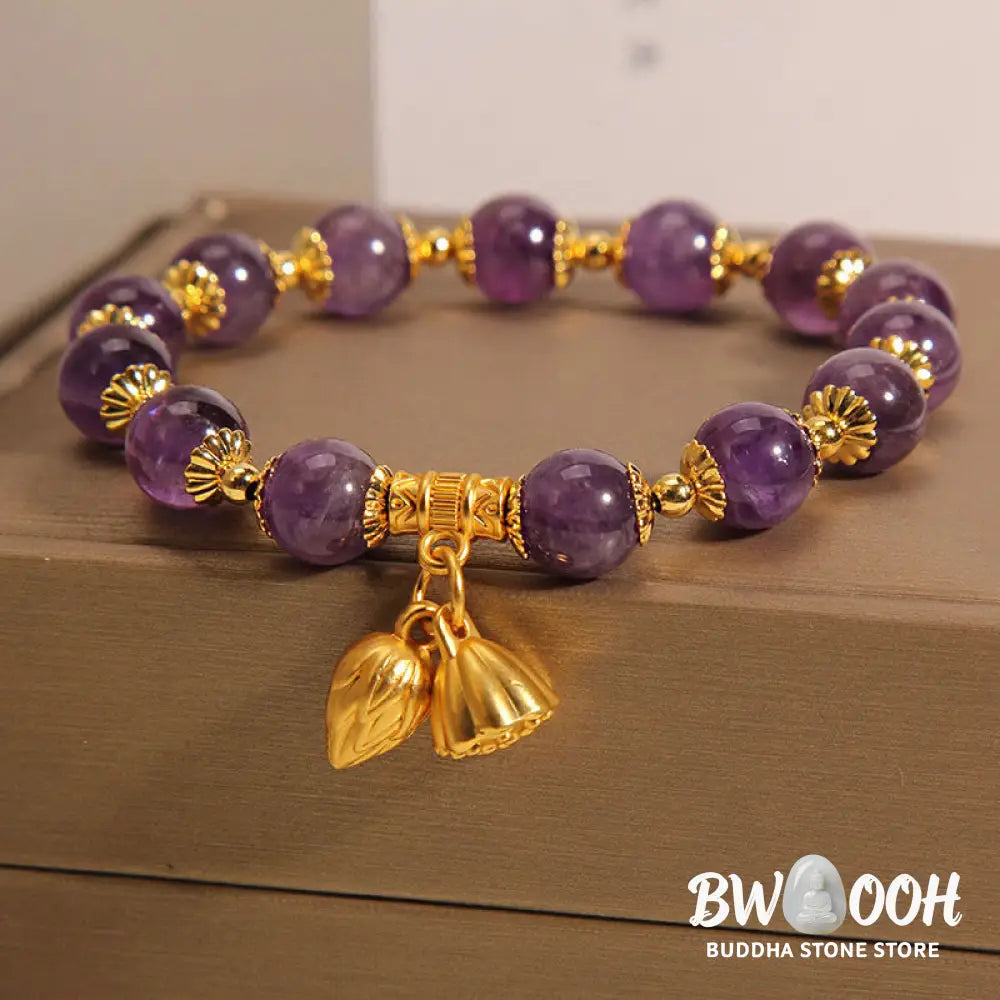 Buddha Stones Natural Amethyst Lotus Healing Spiritual Bracelet - BWOOOH - Amethyst(Wrist Circumference 14-16cm)