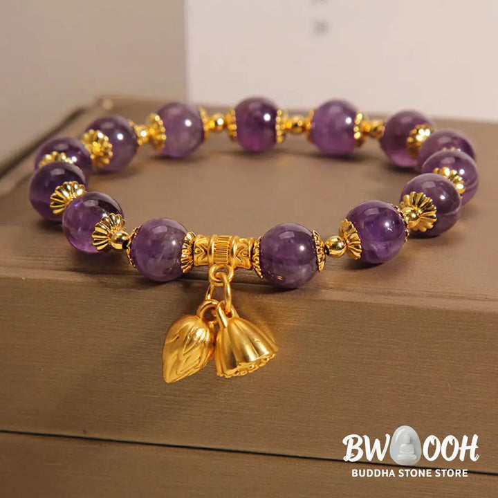 Buddha Stones Natural Amethyst Lotus Healing Spiritual Bracelet - BWOOOH - Amethyst(Wrist Circumference 14-16cm)