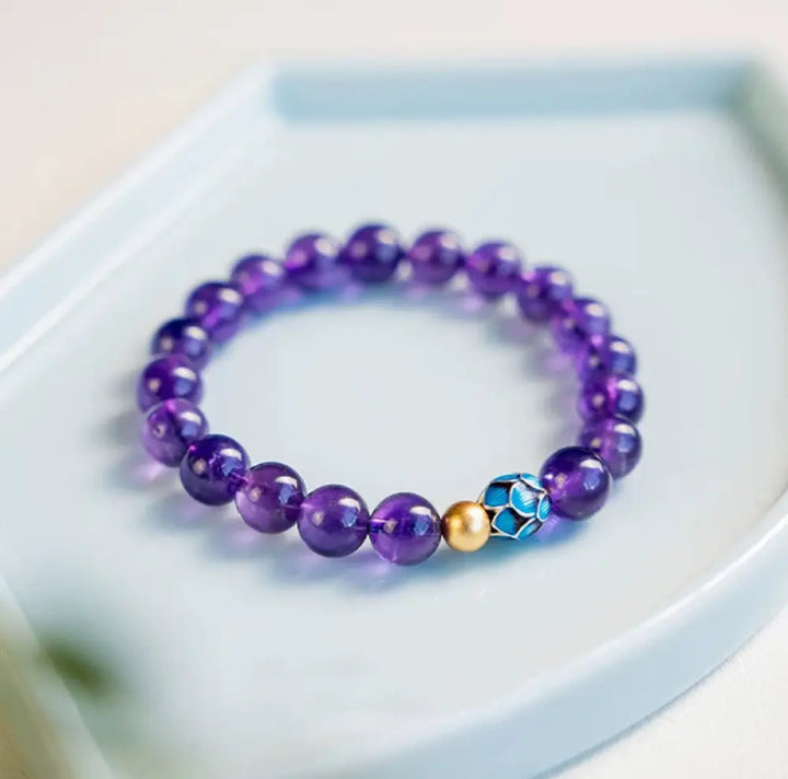 Buddha Stones Natural Amethyst Lotus Spiritual Awareness Bracelet - BWOOOH - 8mm Amethyst(Wrist Circumference: 14-16cm)