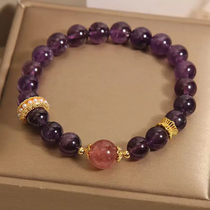 BWOOOH Natural Amethyst Lucky Strawberry Quartz Beads Peace Bracelet — Amethyst crystal healing bracelet for spiritual hea...