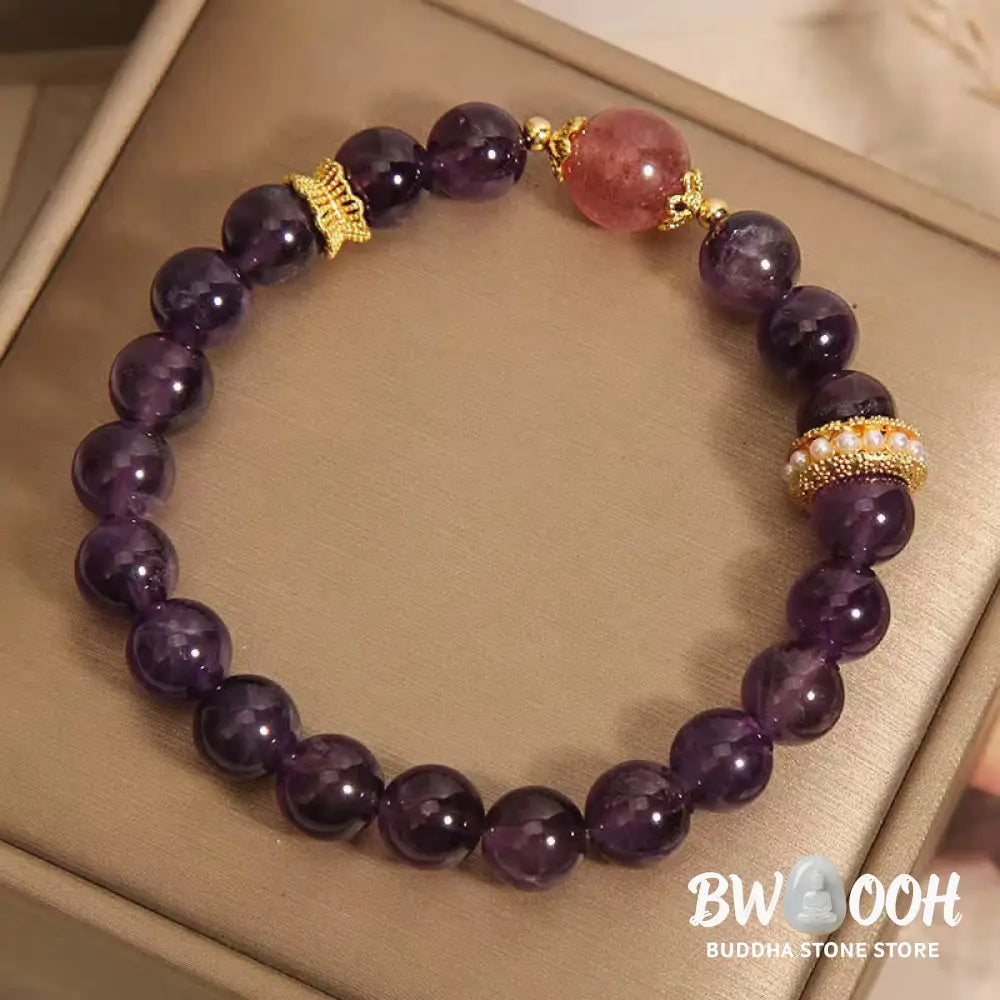 Buddha Stones Natural Amethyst Lucky Strawberry Quartz Beads Peace Bracelet - BWOOOH - Amethyst(Wrist Circumference: