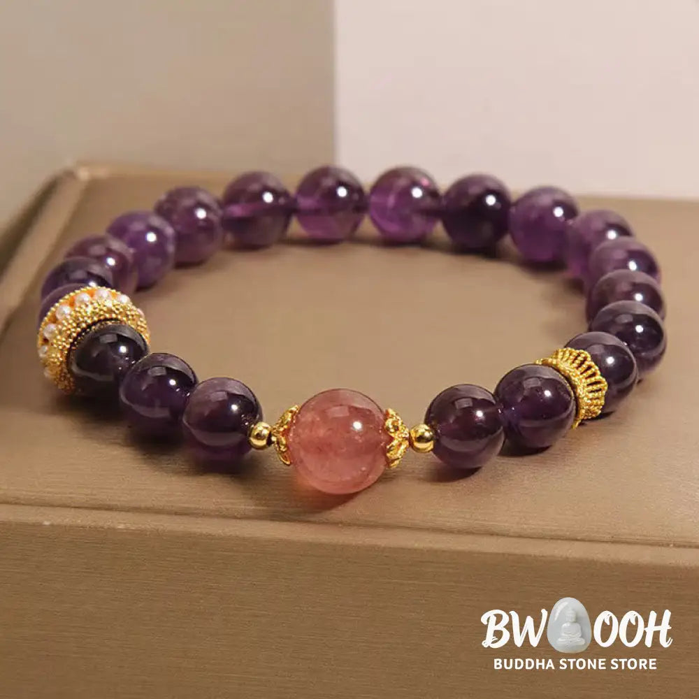 Buddha Stones Natural Amethyst Lucky Strawberry Quartz Beads Peace Bracelet - BWOOOH - Amethyst(Wrist Circumference:
