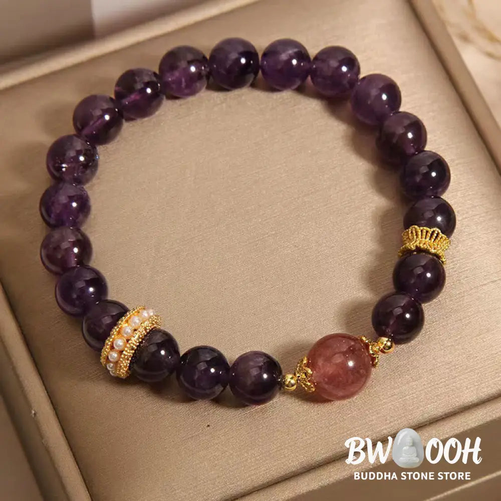 Buddha Stones Natural Amethyst Lucky Strawberry Quartz Beads Peace Bracelet - BWOOOH - Amethyst(Wrist Circumference: