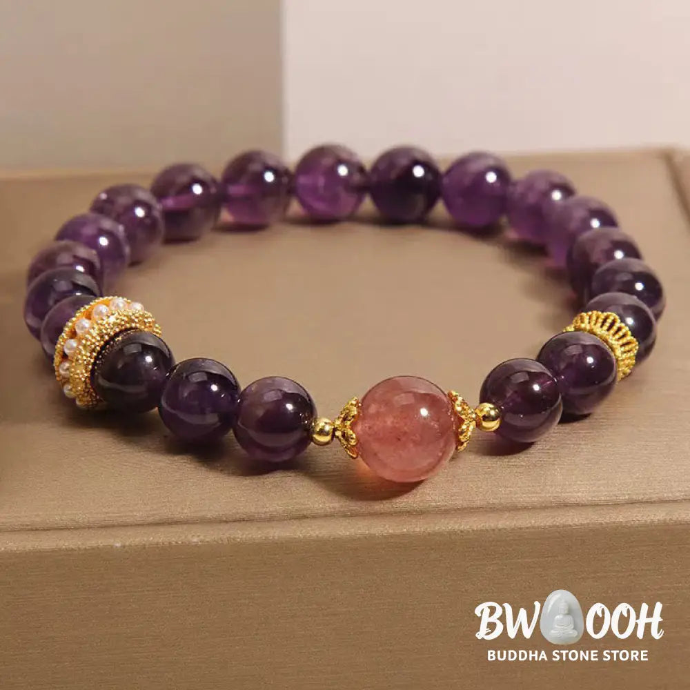 Buddha Stones Natural Amethyst Lucky Strawberry Quartz Beads Peace Bracelet - BWOOOH - Amethyst(Wrist Circumference: